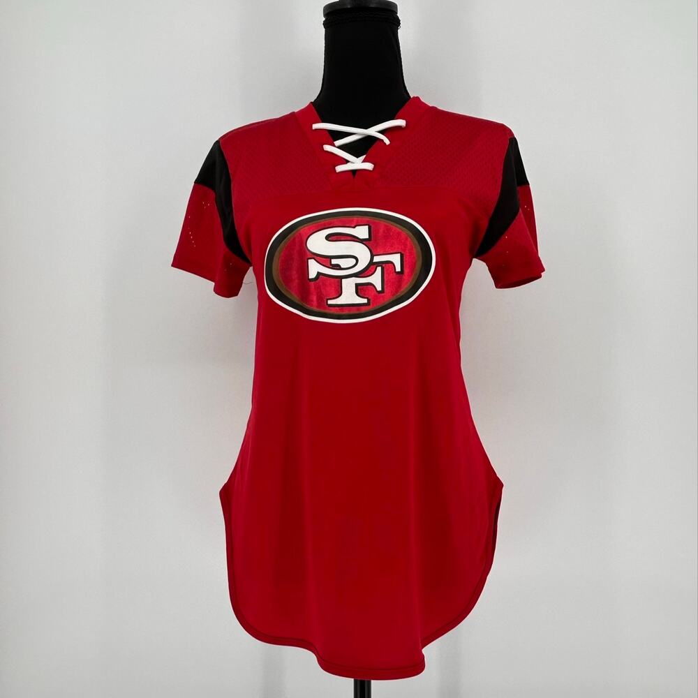 NFL Team Apparel San Francisco 49ers Womens S Lace Up V-Neck Mesh Jersey Top Red